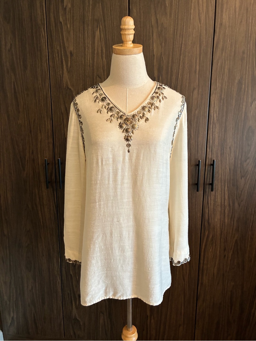 Embellished V-Neck Cream Women's Tunic Top